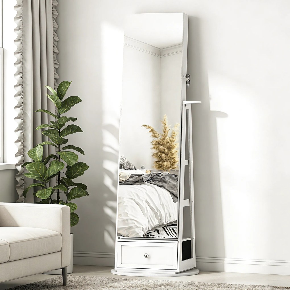 HOMCOM Oglindă-dulap pentru bijuterii cu LED-uri Dulap pentru bijuterii cu oglindă integrală Rotativ 360° Sertar Încuietoare Alb | Aosom Romania