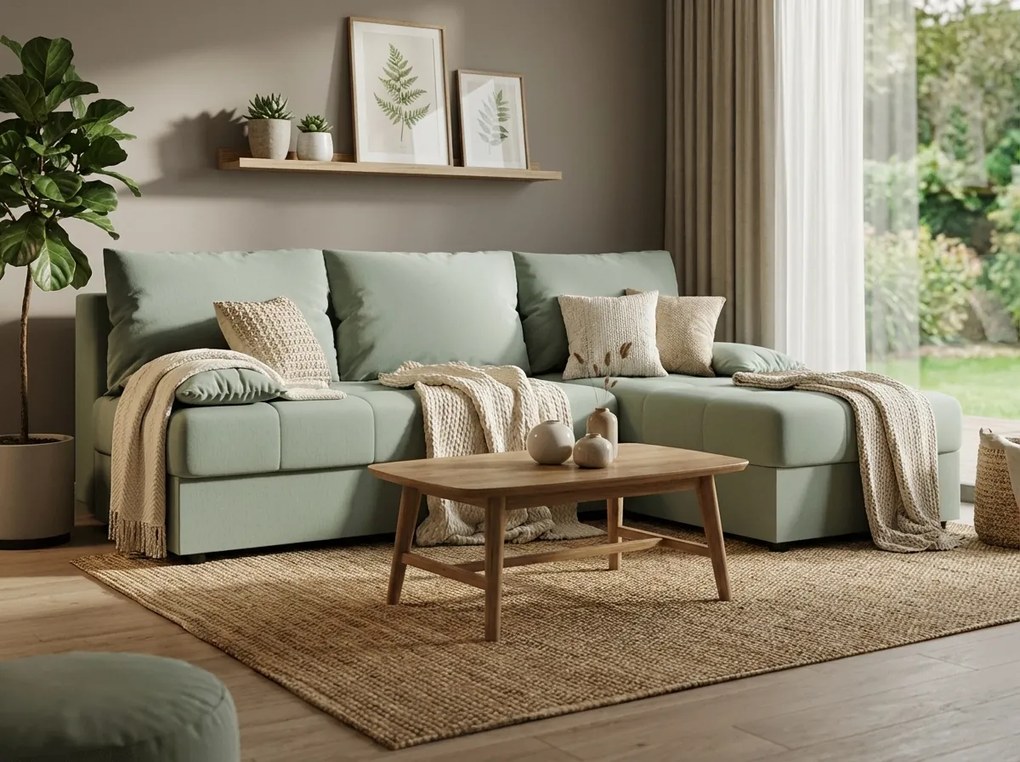 OFERTA Canapea extensibila reversibila in forma de L VENORIA SLIM 200x143 cm, verde deschis + 2 pernute GRATIS calitate II