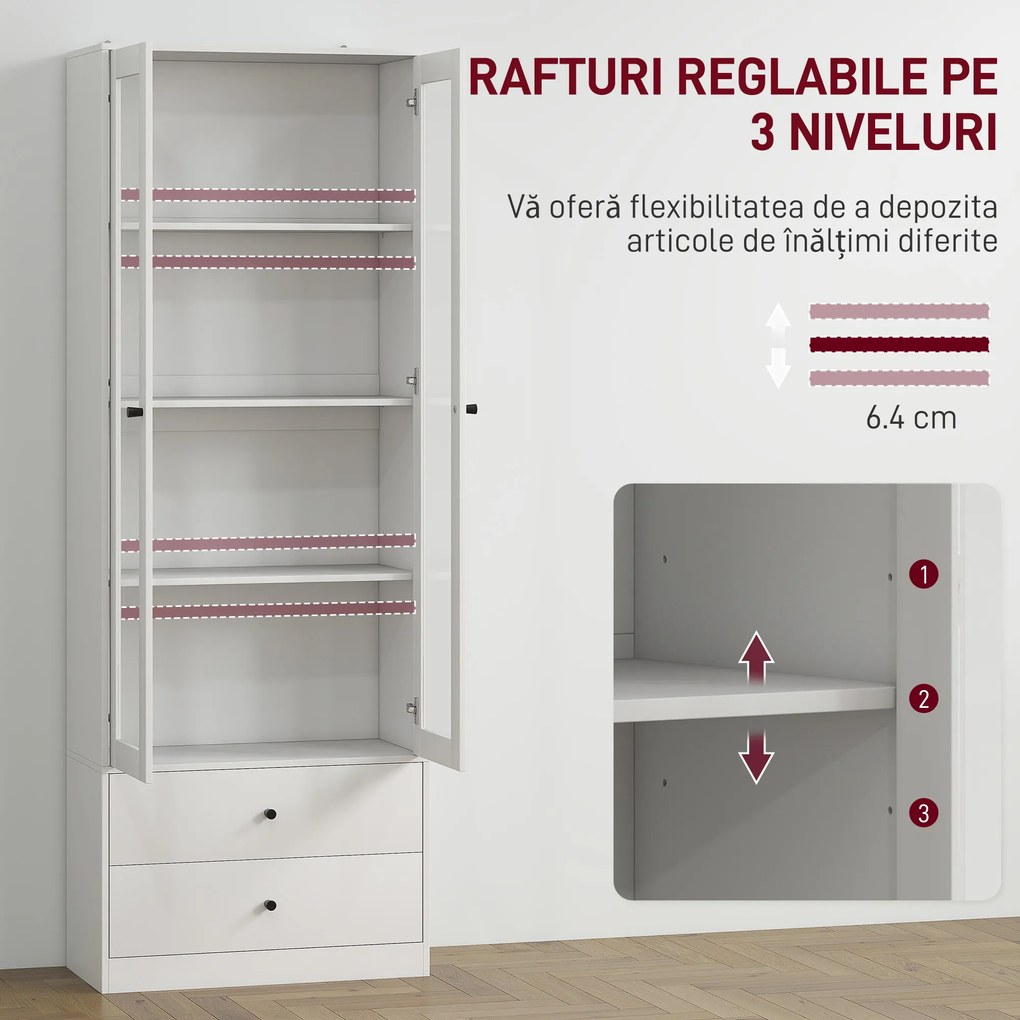 HOMCOM Dulap de Bucătărie cu Uși din Sticlă, 2 Sertare și Rafturi Reglabile Alb | Aosom Romania
