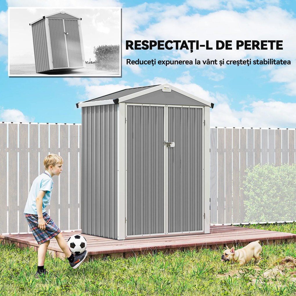 Outsunny Magazie de Grădină 1.1m² din Oțel Zincat, Magazie cu Porți Duble Largi Blocabile, Acoperiș Înclinat, Mănuși, Spațiu pentru Unelte, 133x87x178 cm, Gri Argintiu | Aosom Romania