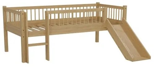 Pat Semi-Înălțat (Mid-Sleeper) cu Tobogan și Scară Forrest Oak pentru Camera Copii, 90x200 cm, din Lemn Masiv de Stejar, Natur – Vipack