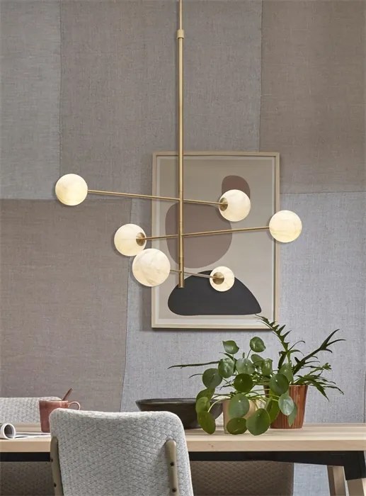 Lustra cu 6 globuri din sticla cu aspect de marmura Carrara auriu