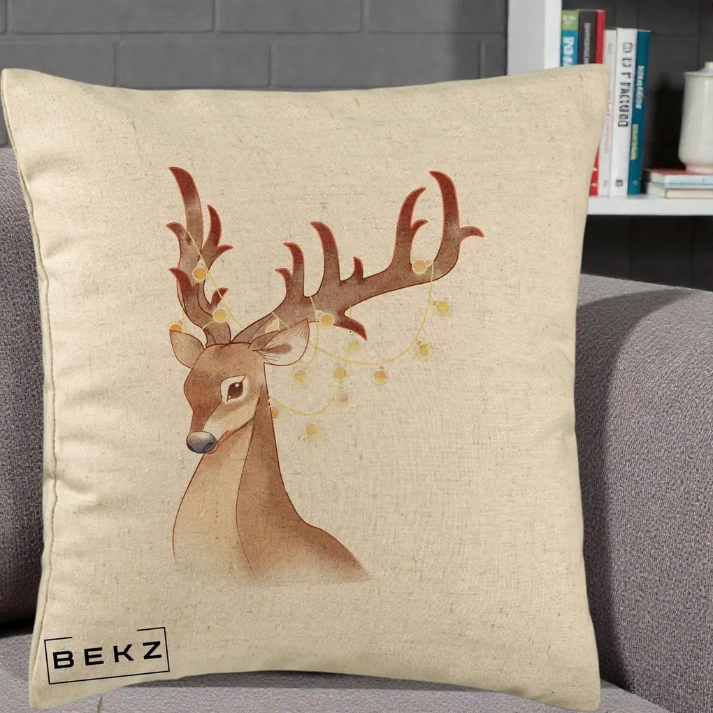 Perna Decorativa Ren cu Luminite de Craciun, 40x40 cm, Bej, Husa Detasabila, Perna Inclusa, BEKZ®
