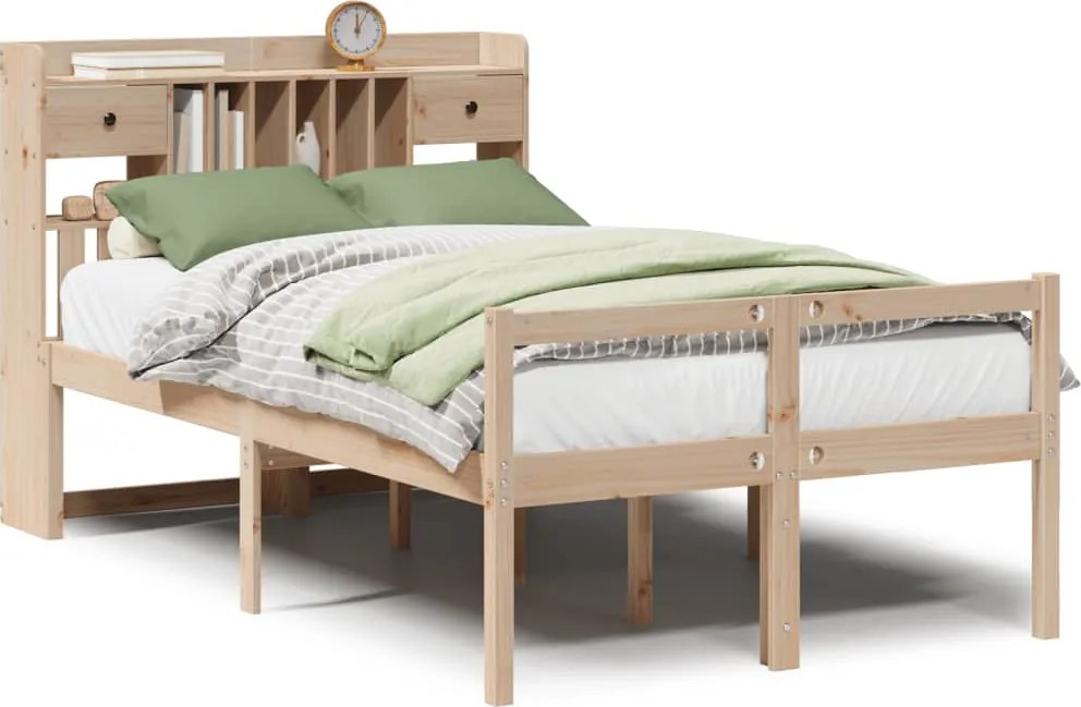 vidaXL Pat cu bibliotecă fără saltea, 135x190 cm, lemn masiv de pin