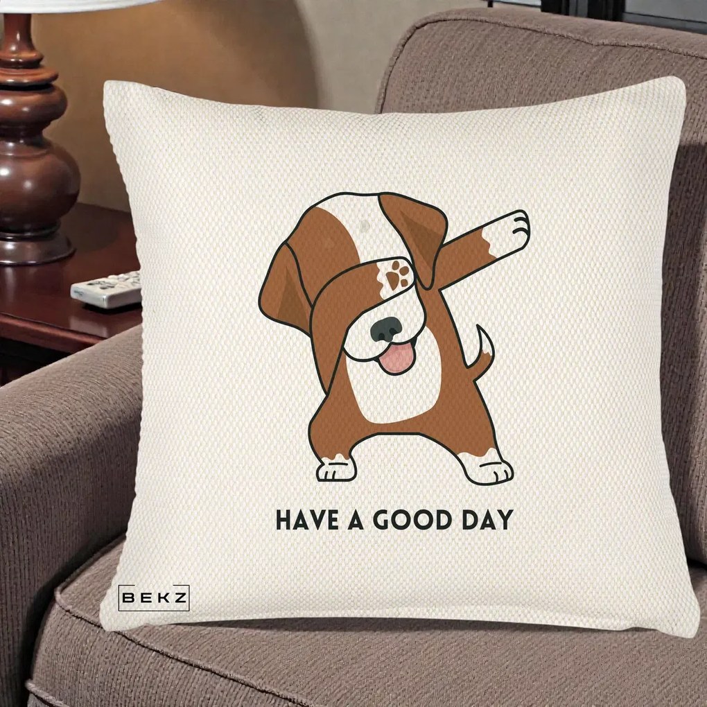 Perna Decorativa Caine Dab Have A Good Day, 40x40 cm, Crem Reliefat, Husa Detasabila, Perna Inclusa, BEKZ®