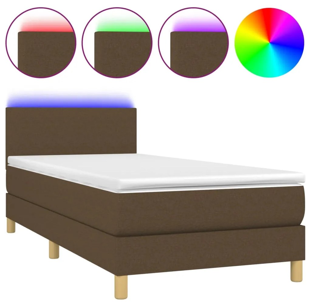 3133512 vidaXL Pat cu arcuri, saltea și LED, maro închis, 80x200 cm, textil