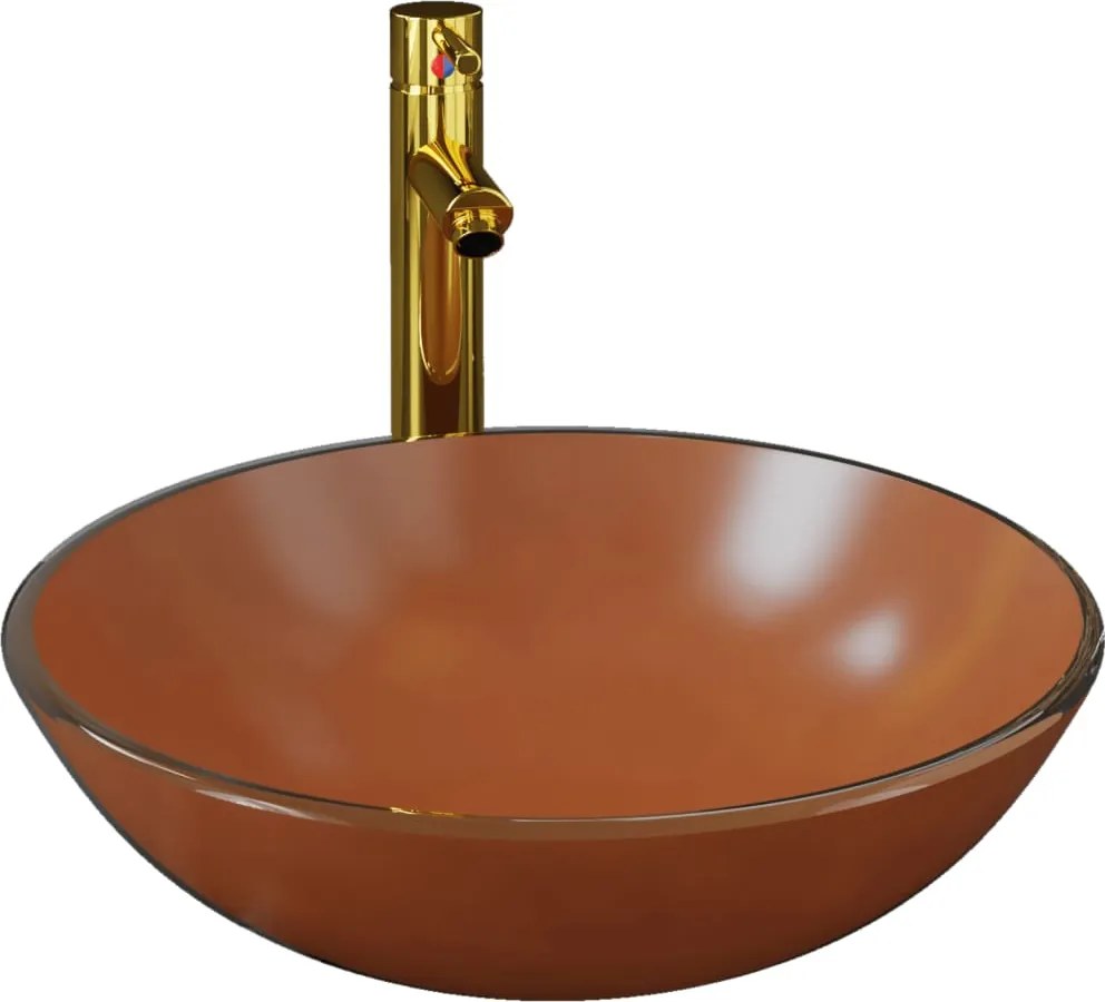 vidaXL Chiuvetă baie, robinet și scurgere tip push, maro sticlă călită