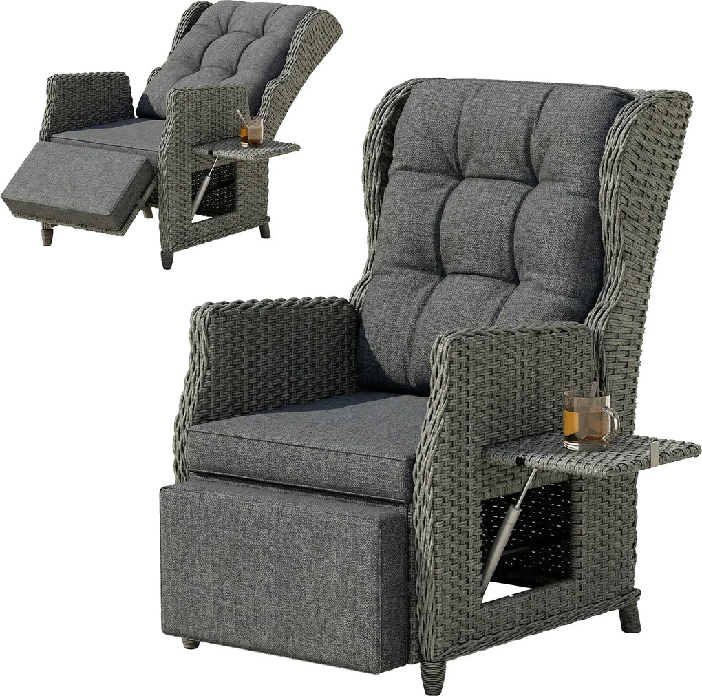 Outsunny Scaun ratan cu masă rabatabilă, șezlong scaun de grădină spătar reglabil și suport pentru picioare 81 x 58 x 98,5 cm Gri închis | Aosom Romania