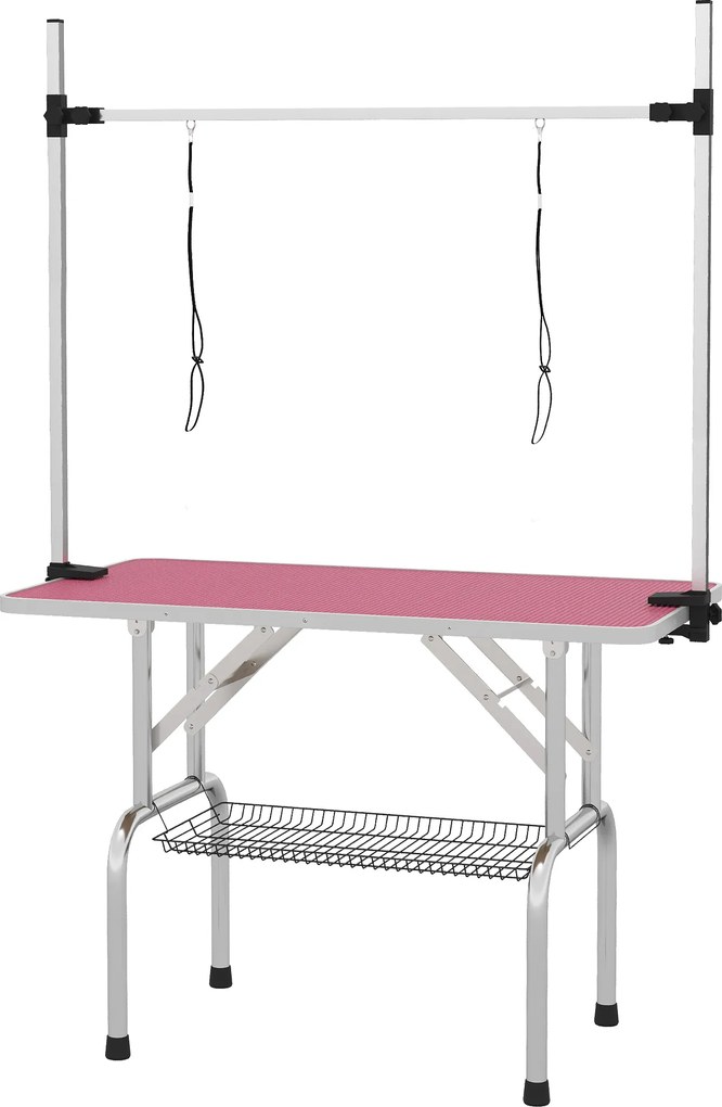 PawHut Masă de toaletat canină pliabilă cu coș metalic, bară din oțel inoxidabil reglabilă, 107x60x164 cm, roz | Aosom Romania