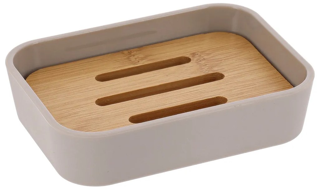 Săpunieră bej cu elemente din bambus CALMA, 8,8 x 12 cm