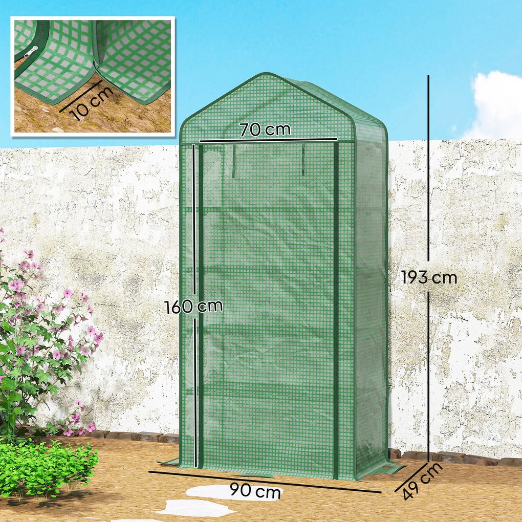 Outsunny Seră Mini pe 5 Niveluri cu Husă Ranforsată, Seră Portabilă cu Ușă Rulabilă și Rafturi de Sârmă, 193x90x49 cm, Verde | Aosom Romania