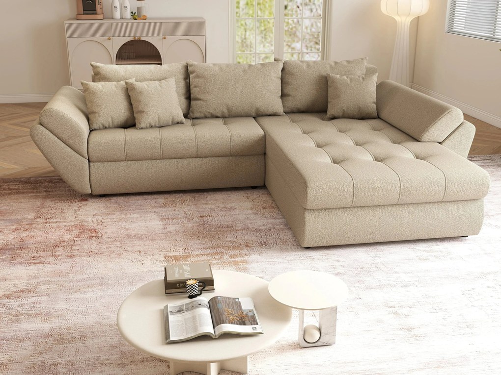 Colțar extensibil dumonde cu ladă de depozitare si sezut confortabil din spuma high-density, Loana Enjoy Camel 270x185 cm