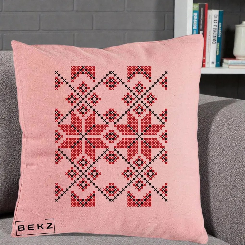 Perna Personalizata Motiv Traditional Cusatura Rosu-Negru, 40x40 cm, Roz, Husa Detasabila, Perna Inclusa, BEKZ®