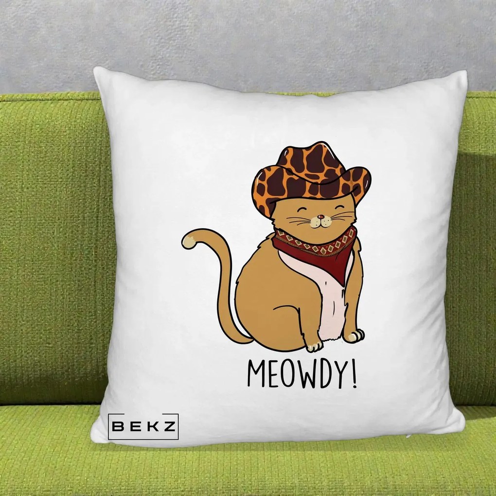 Perna Decorativa Pisica Cowboy Meowdy, 40x40 cm, Alb Pufos, Husa Detasabila, Perna Inclusa, BEKZ®