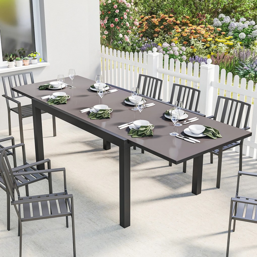 Outsunny Masă de Grădină Extensibilă pentru 8-10 Persoane 140/240x90 cm, Masă de Dining Extensibilă cu Blat din Sticlă Securizată, Masă de Exterior pentru Terasă, Balcon, Negru | Aosom Romania