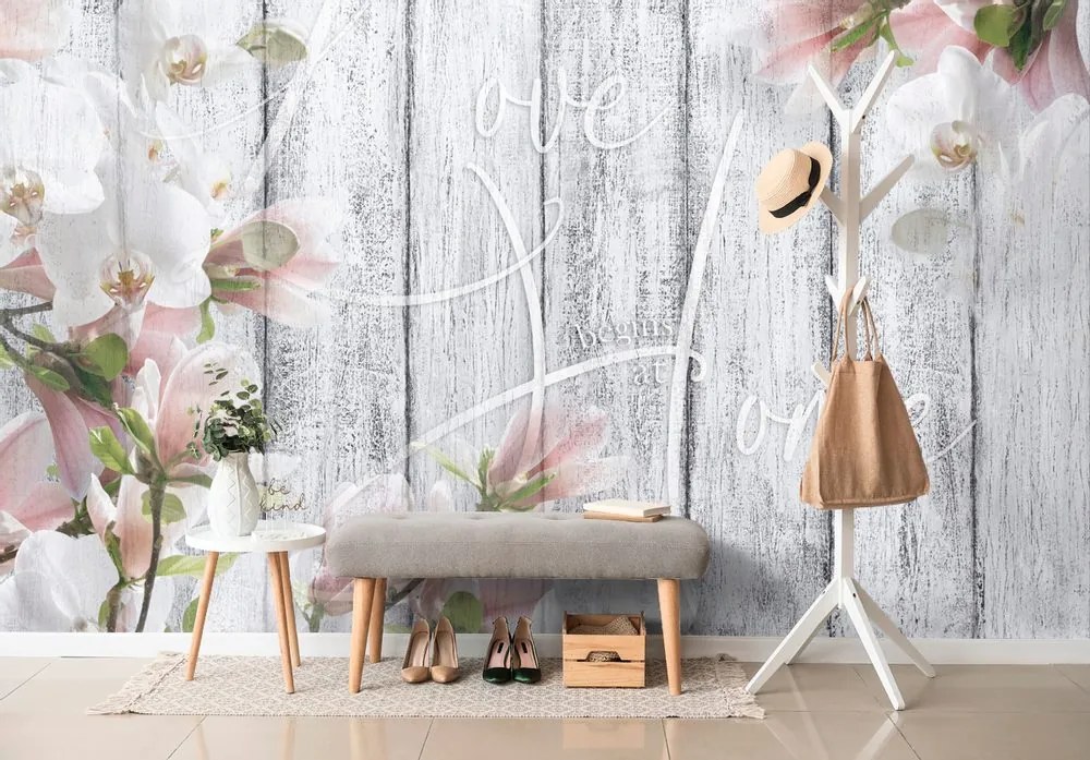 Tapet orhidee vintage cu inscripție - Love begins at home