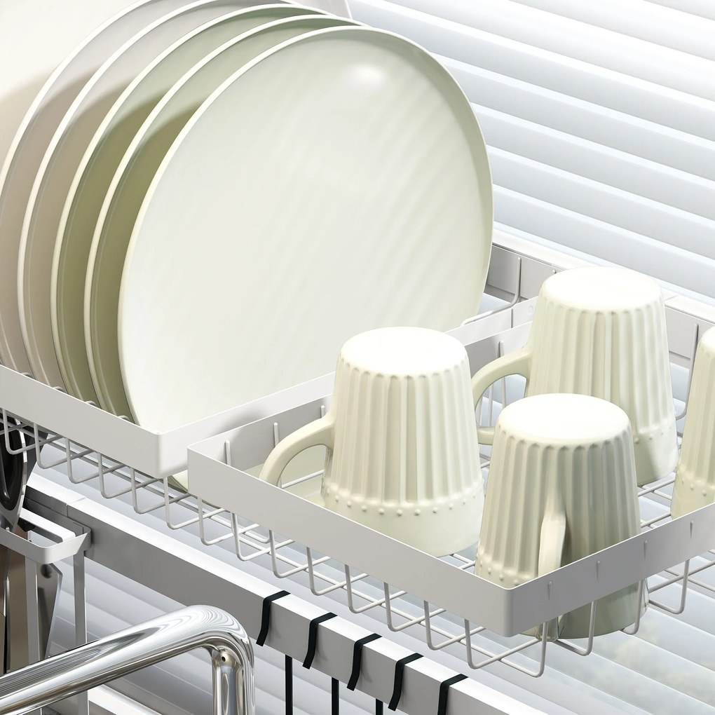 HOMCOM Scurgător din oțel cu 2 niveluri pentru chiuvetă, cu suport pentru tocător și tacâmuri, 100x30x54,5cm, alb | Aosom Romania