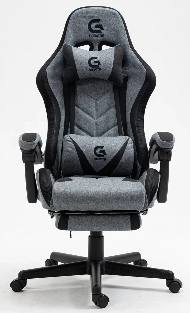 RESIGILAT- Scaun gaming, sistem iluminare bandă LED RGB, cu masaj în perna lombară, suport picioare, material textil, Gri/Negru