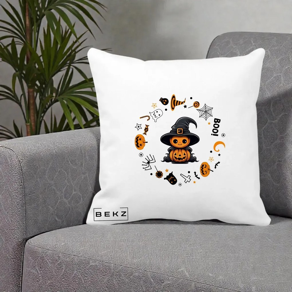 Perna Decorativa Halloween Dovleac Vrajitor Boo cu Simboluri, 40x40 cm, Alba Mata, Husa Detasabila, Perna Inclusa, BEKZ®