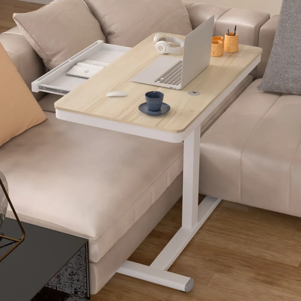 Birou Reglabil Multifuncțional cu Manivelă, Cadru Metalic, Sertar Glisant Ascuns, Design Compact – Ideal pentru Pat, Canapea și Lucru Flexibil, Stejar deschis/Alb