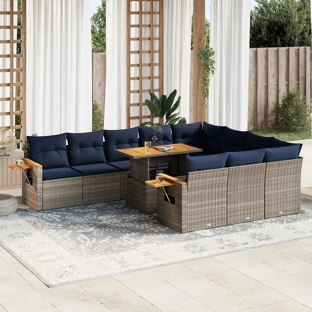 vidaXL Set canapele grădină perne 11 piese, gri, poliratan/lemn acacia