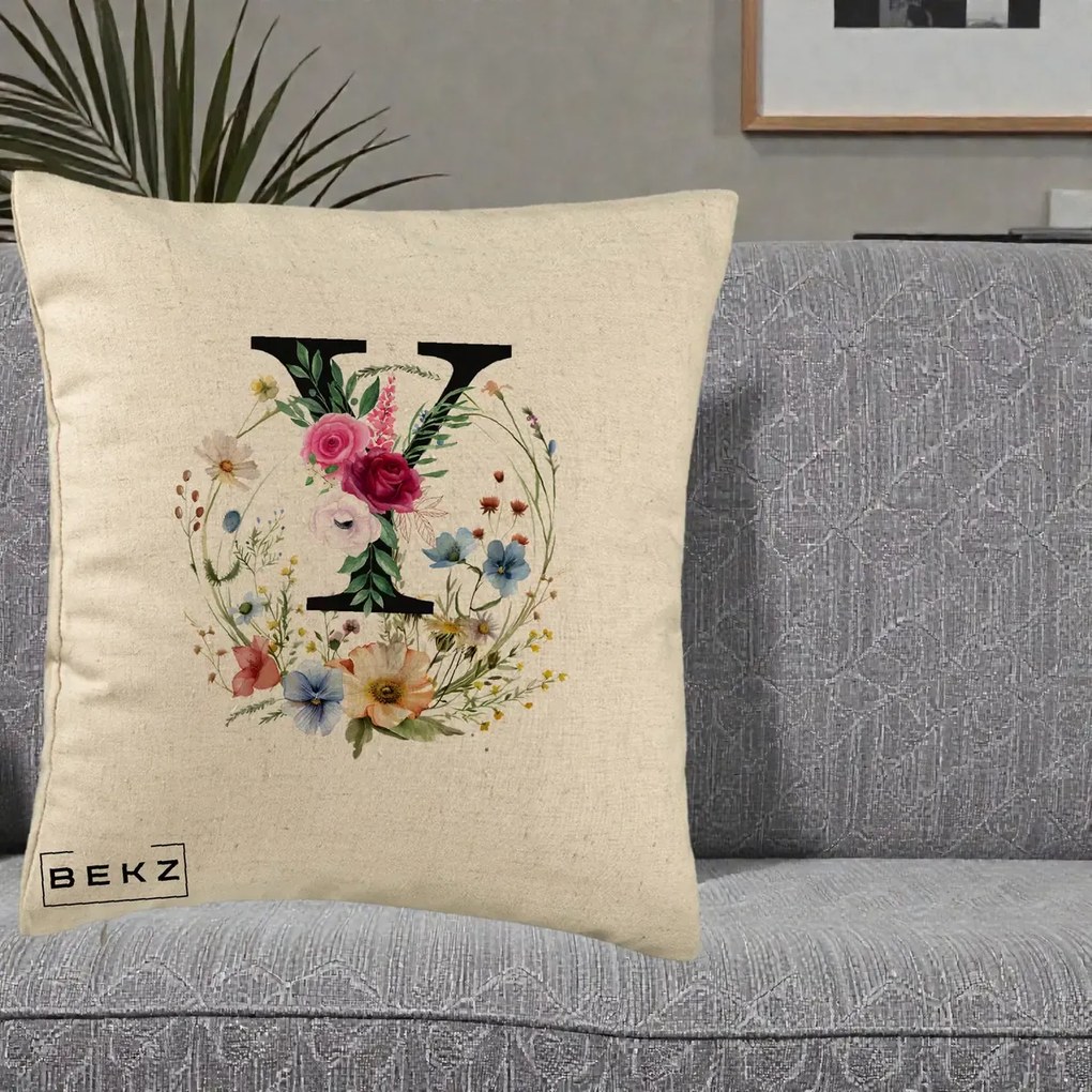 Cadou Personalizat - Perna Personalizata Monograma Florala Litera Y cu Coroana, 40x40 cm, Bej, Husa Detasabila, Perna Inclusa, BEKZ®
