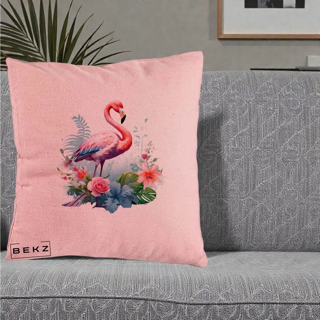 Perna Decorativa Flamingo cu Flori Tropicale Acuarela, 40x40 cm, Roz, Husa Detasabila, Perna Inclusa, BEKZ®