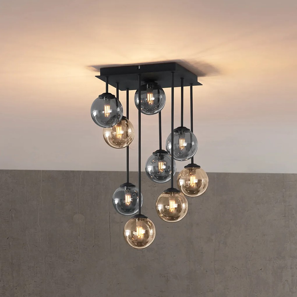 Plafonieră modernă neagră cu sticlă chihlimbar și fum, 9 lumini - Atena