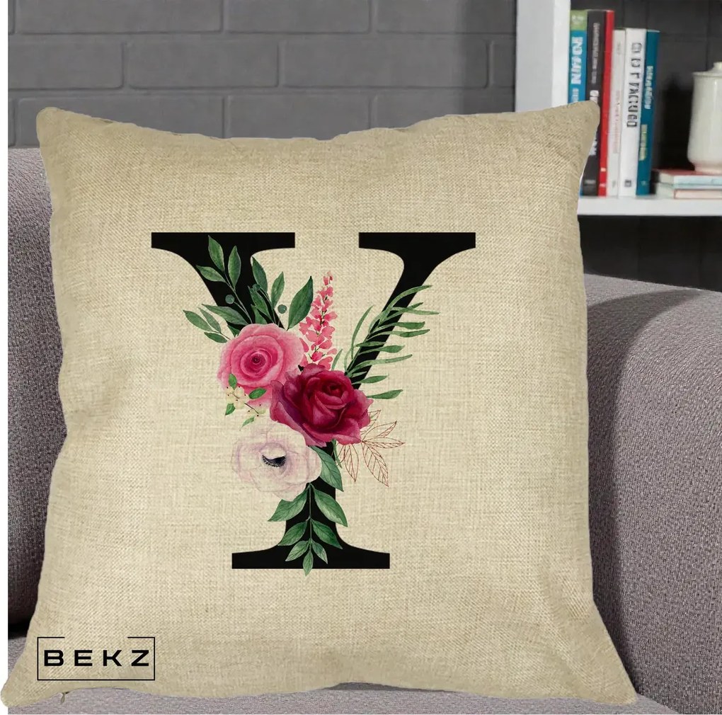 Cadou Personalizat - Perna Personalizata Monograma Florala Litera Y cu Buchet, 40x40 cm, Crem, Husa Detasabila, Perna Inclusa, BEKZ®