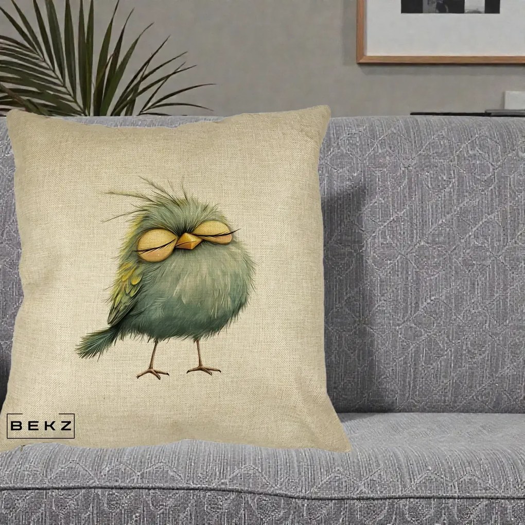Perna Decorativa Pasare Teal Adormita cu Ochi Galbeni, 40x40 cm, Crem, Husa Detasabila, Perna Inclusa, BEKZ®