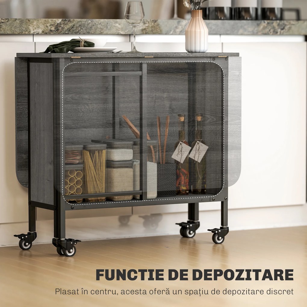 HOMCOM Masă Pliabilă, Rabatabilă pentru 4-6 Persoane cu Raft și 6 Roți, din Lemn și Metal, 130x80x74 cm, Gri | Aosom Romania