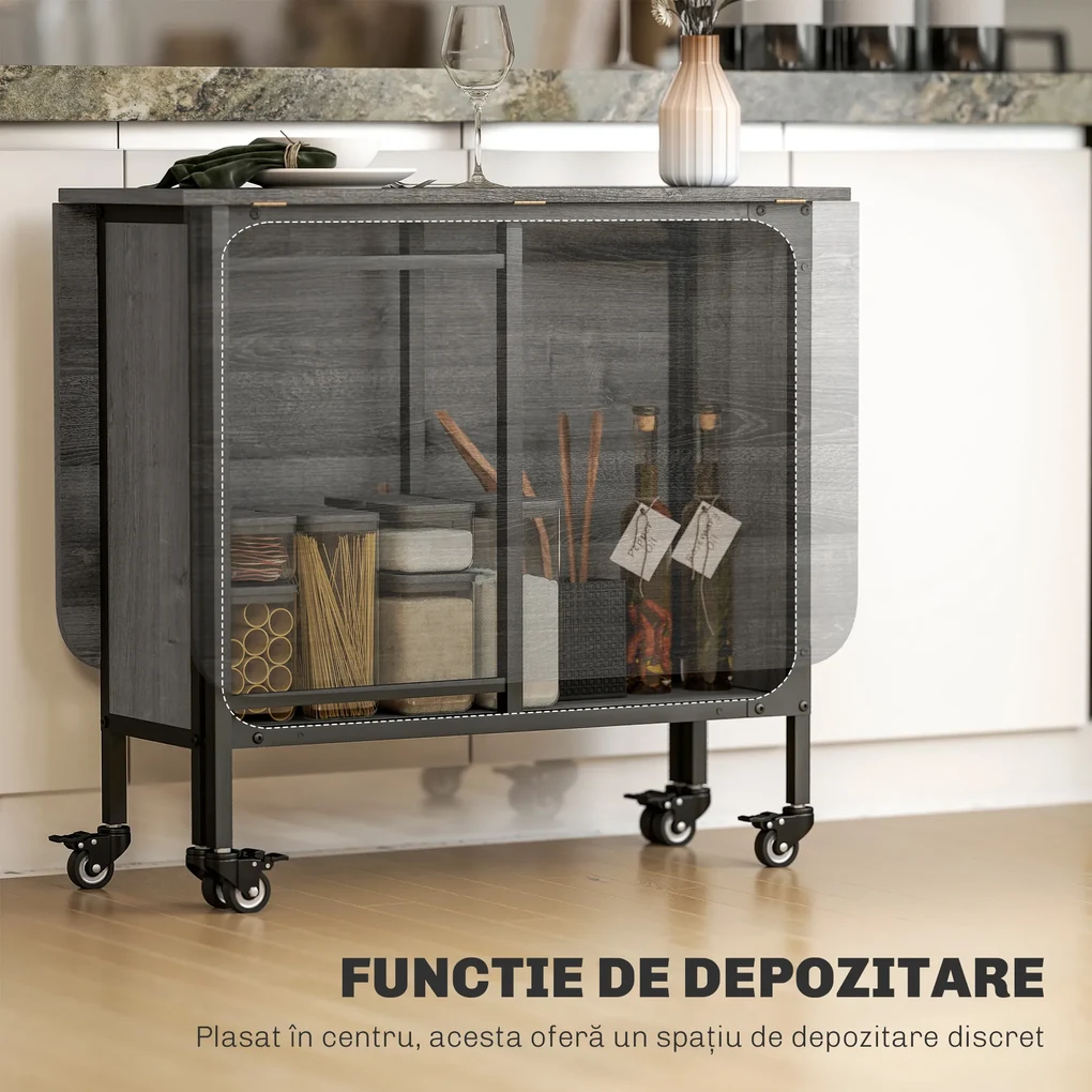 HOMCOM Masă Pliabilă, Rabatabilă pentru 4-6 Persoane cu Raft și 6 Roți, din Lemn și Metal, 130x80x74 cm, Gri | Aosom Romania