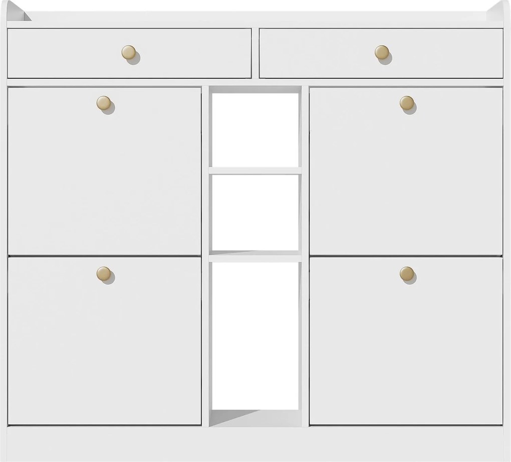 Dulap pentru pantofi cu 4 uși rabatabile, 2 sertare și 3 compartimente deschise, 110x26x100 cm, Alb