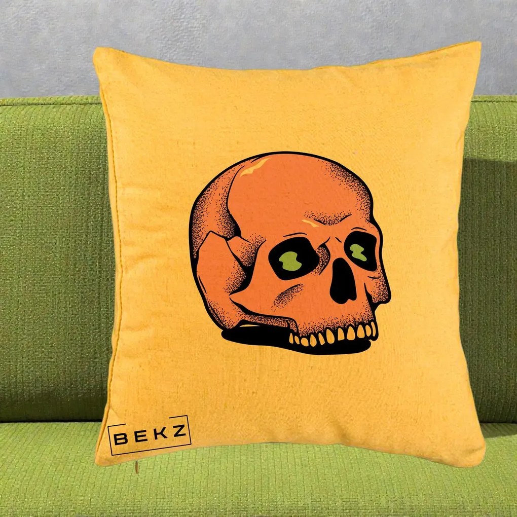 Perna Decorativa Craniu Roz Tatoo Art Halloween, 40x40 cm, Galben, Husa Detasabila, Perna Inclusa, BEKZ®