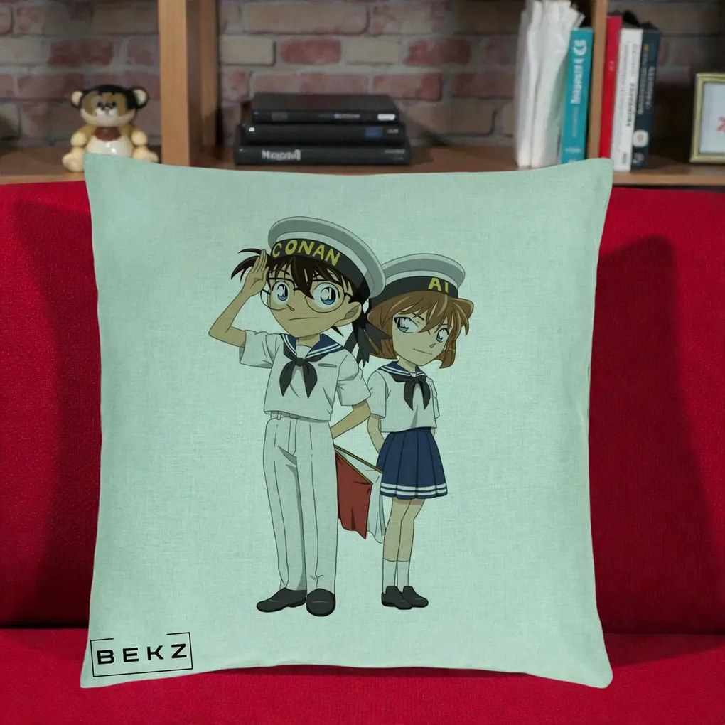 Perna Personalizata Detective Conan Conan si Ai Sailor, 40x40 cm, Verde Menta, Husa Detasabila, Perna Inclusa, BEKZ®