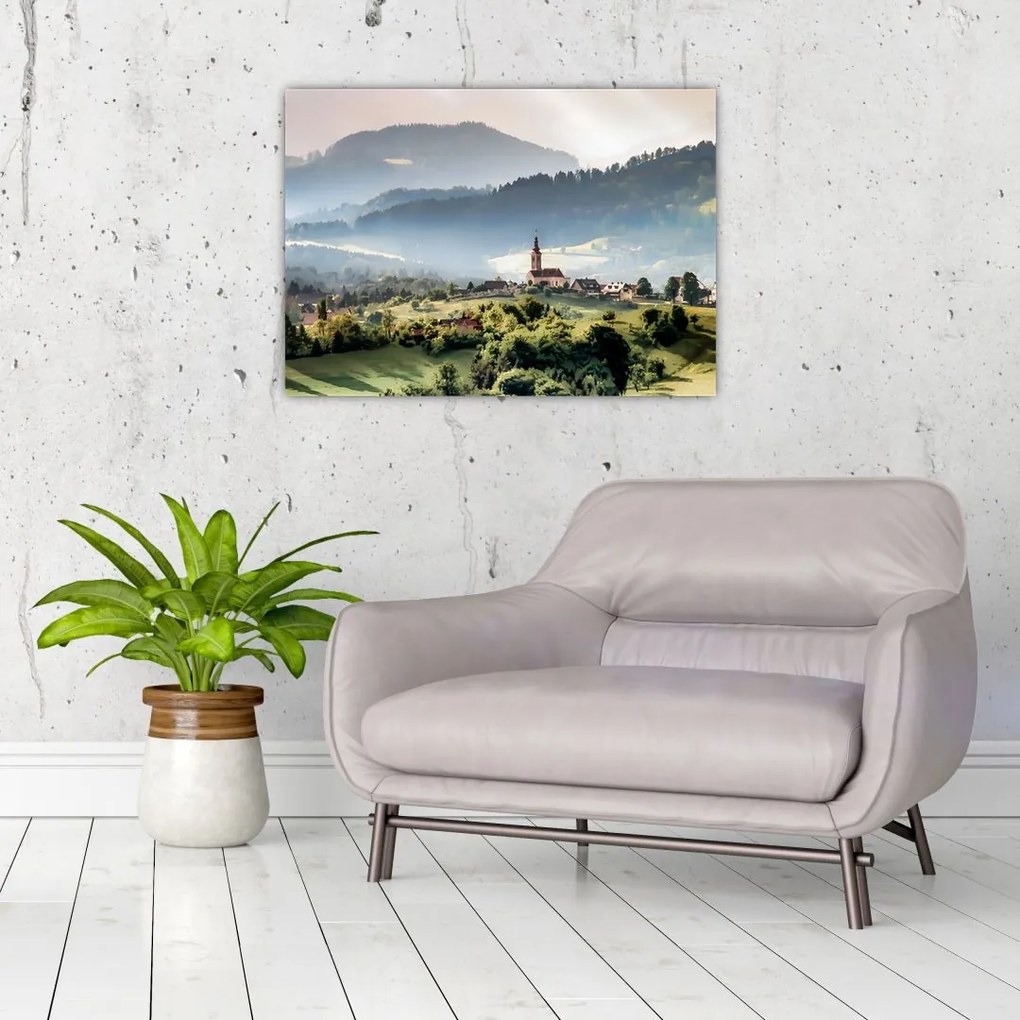 Tablou pe sticlă - sătuț în ceață (70x50 cm)