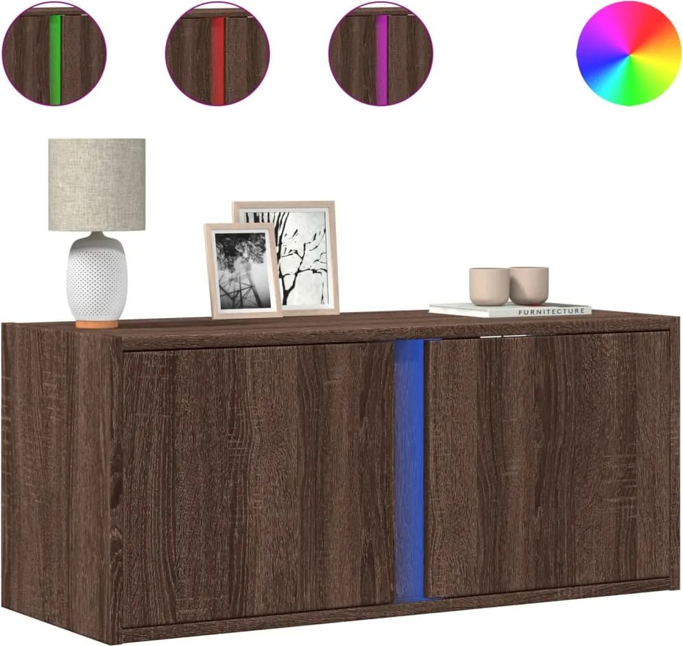 vidaXL Comodă TV de perete cu lumini LED, stejar maro, 80x31x35 cm