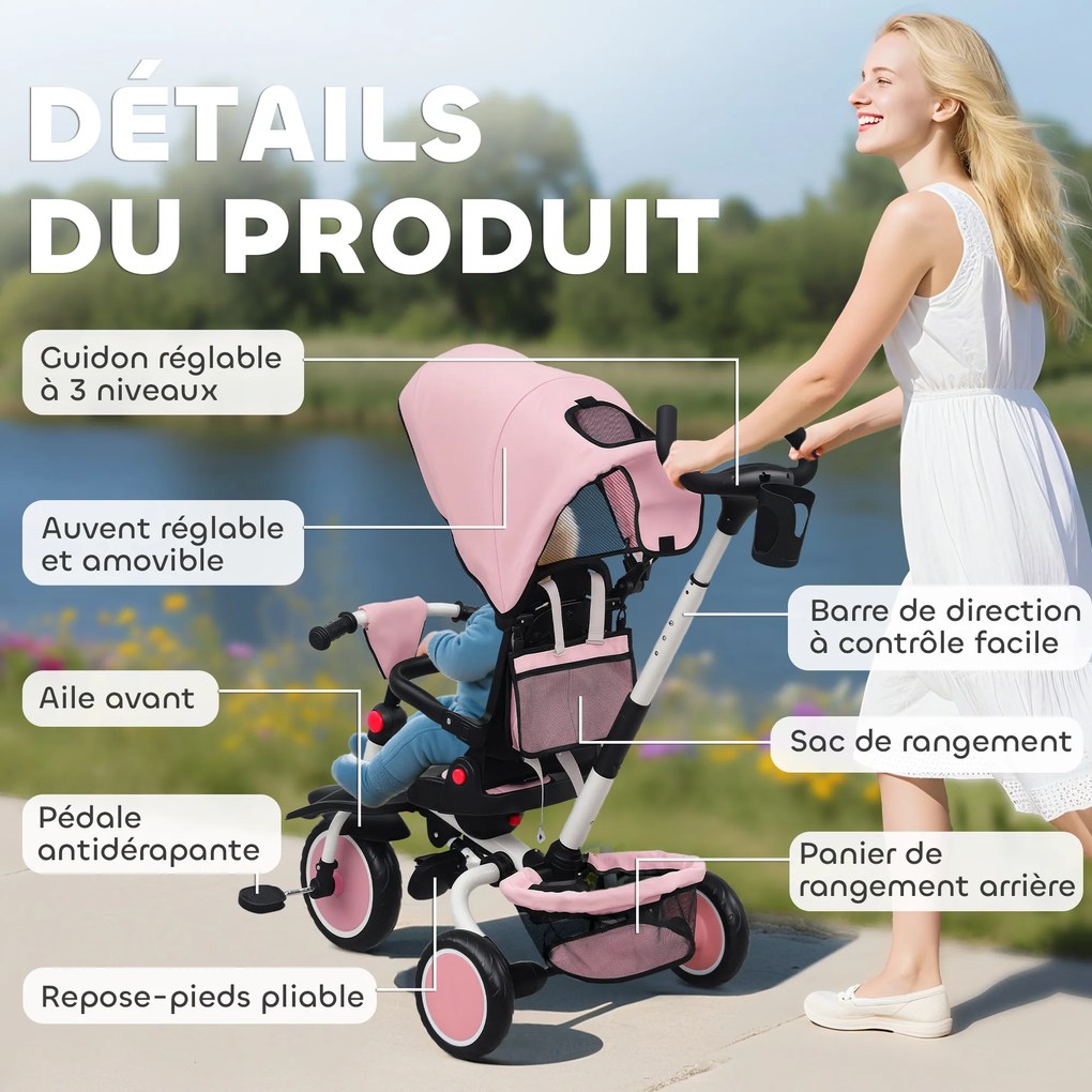AIYAPLAY Triciclu bebeluș evolutiv 6 în 1, triciclu copii pliabil cu mânere părintești reglabile, șezut pivotant 360°, roz | Aosom Romania