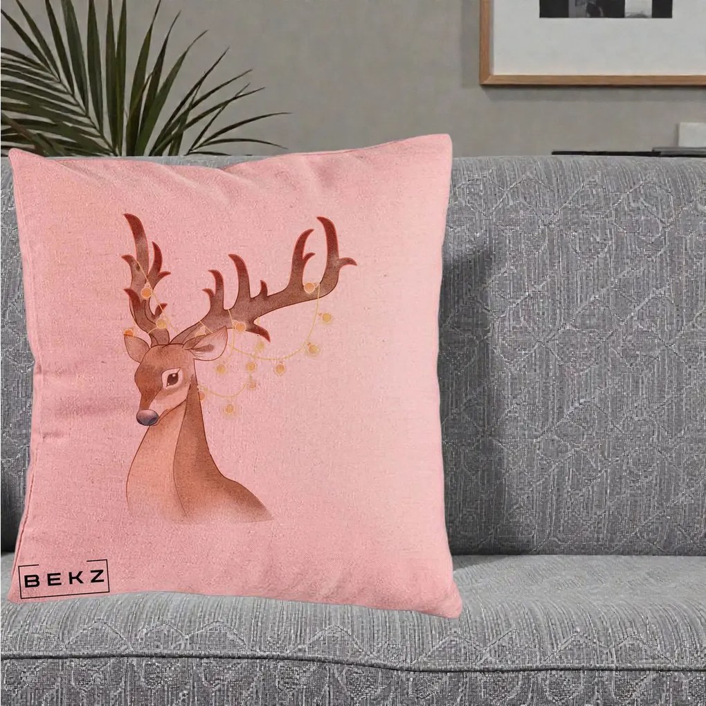Perna Decorativa Ren cu Luminite de Craciun, 40x40 cm, Roz, Husa Detasabila, Perna Inclusa, BEKZ®