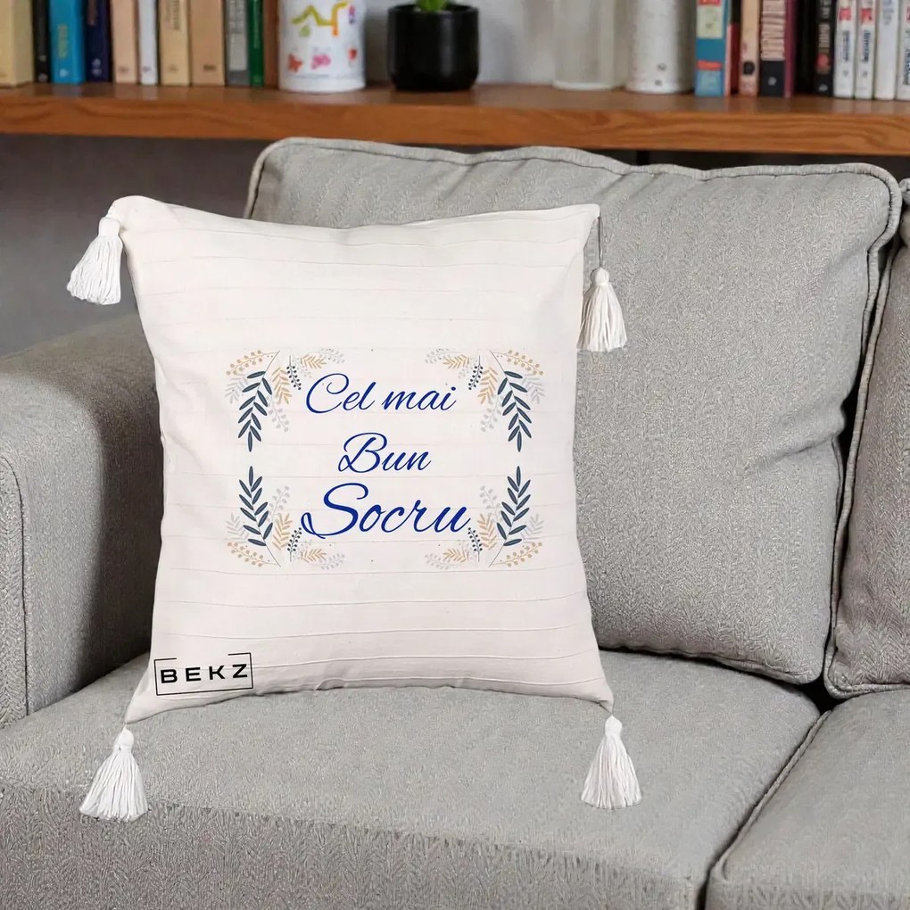 Cadou pentru Socru - Perna Personalizata Cel mai Bun Socru cu Ramuri Frunze Albastre si Aurii, 40x40 cm, Bej cu Franjuri, Husa Detasabila, Perna Inclusa, BEKZ®