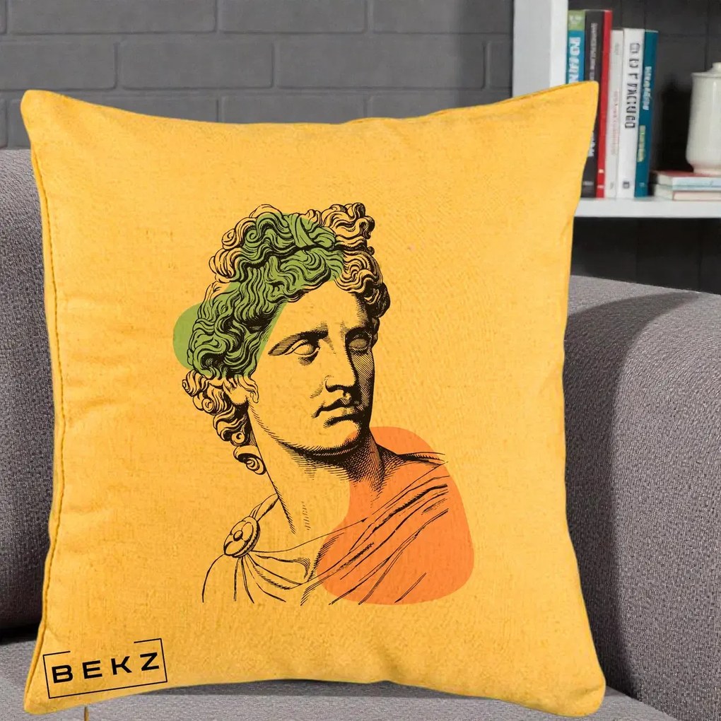 Perna Decorativa Bust Grec Vaporwave, 40x40 cm, Galben, Husa Detasabila, Perna Inclusa, BEKZ®