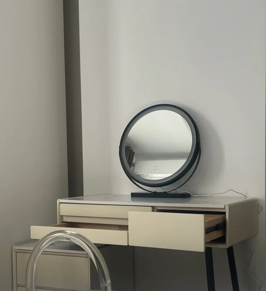 Set RAISA, Masă de toaletă pentru machiaj cu oglindă iluminată LED, control touch, 6 sertare, comoda, scaun, 80 cm