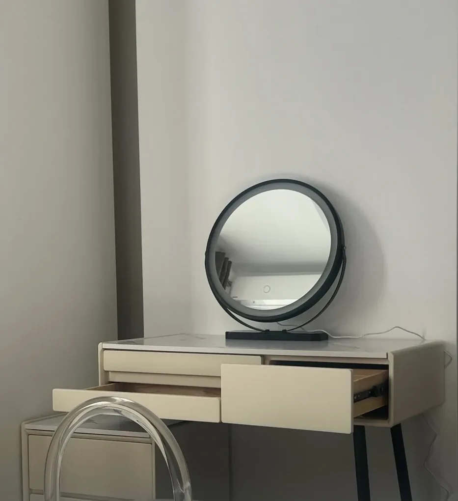 Set RAISA, Masă de toaletă pentru machiaj cu oglindă iluminată LED, control touch, 6 sertare, comoda, scaun, 80 cm