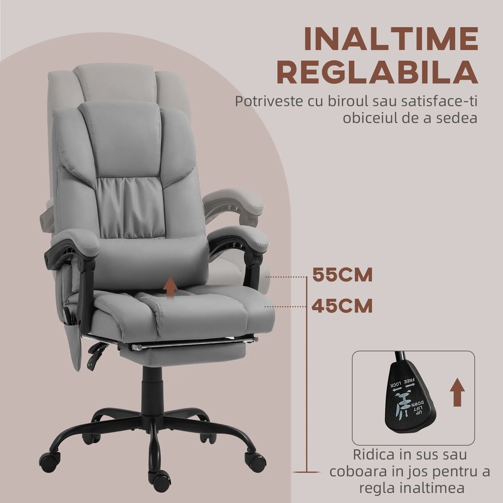 Vinsetto Fotoliu Reglabil pe Înălțime cu Tetieră și Suport pentru Picioare din Piele Artificială, 66x75x112-122 cm, Gri | Aosom Romania