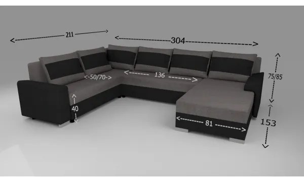 Canapea extensibilă în U OXFORD, tapițată, universală, negru/gri