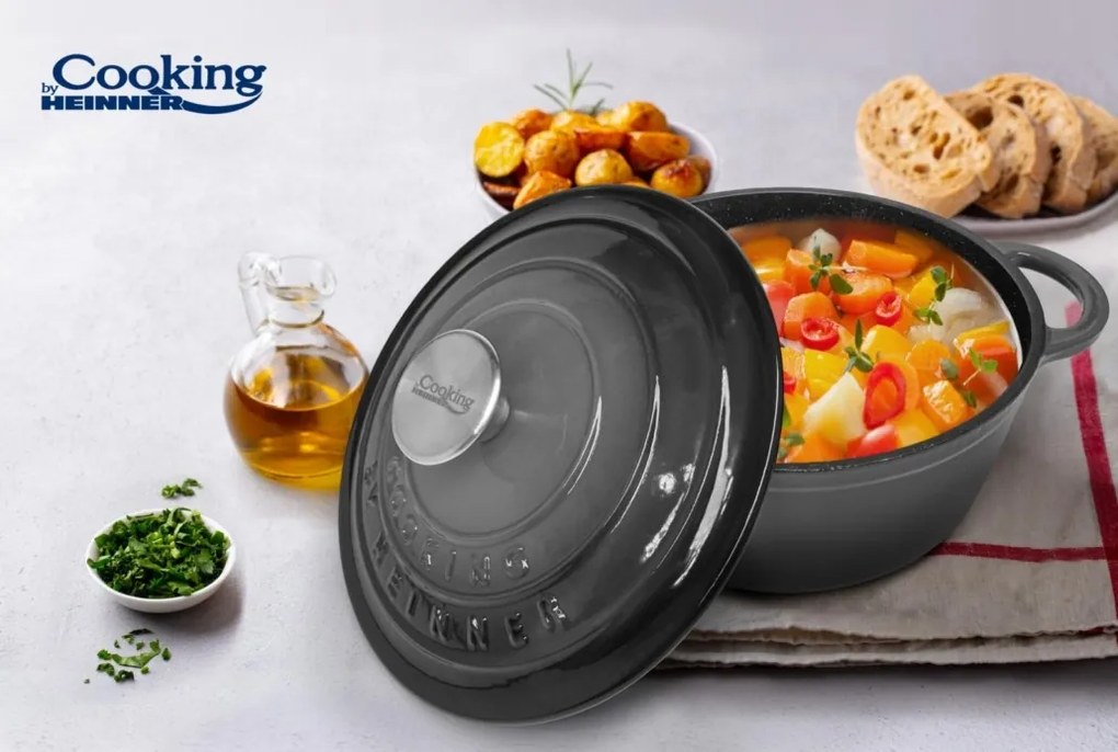 Oală din fontă emailată cu capac 24x11.5 cm, 4L – Cooking by Heinner, Marble Grey HR-ZVC-S24, potrivită pentru cuptor și plite cu inducție