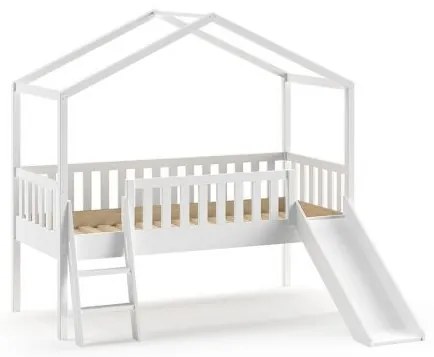 Pat Căsuță Supraetajat cu Tobogan, Alb, 90 x 200 cm, Pin Scandinavian – Dallas – Vipack