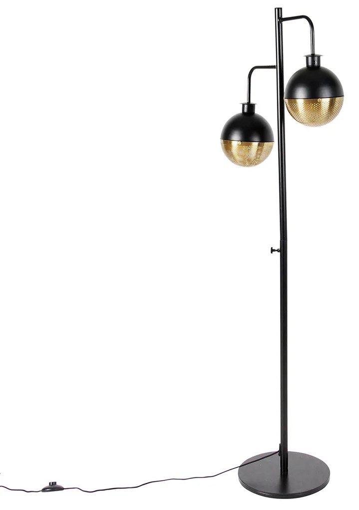 Lampă de podea industrială neagră cu alamă cu 2 lumini - Haicha