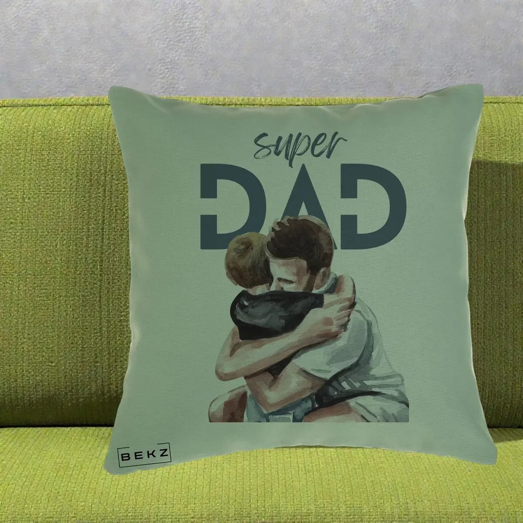 Cadou pentru Tata - Perna Personalizata Super Dad Tata si Fiu Imbratisare, 40x40 cm, Verde, Husa Detasabila, Perna Inclusa, BEKZ®