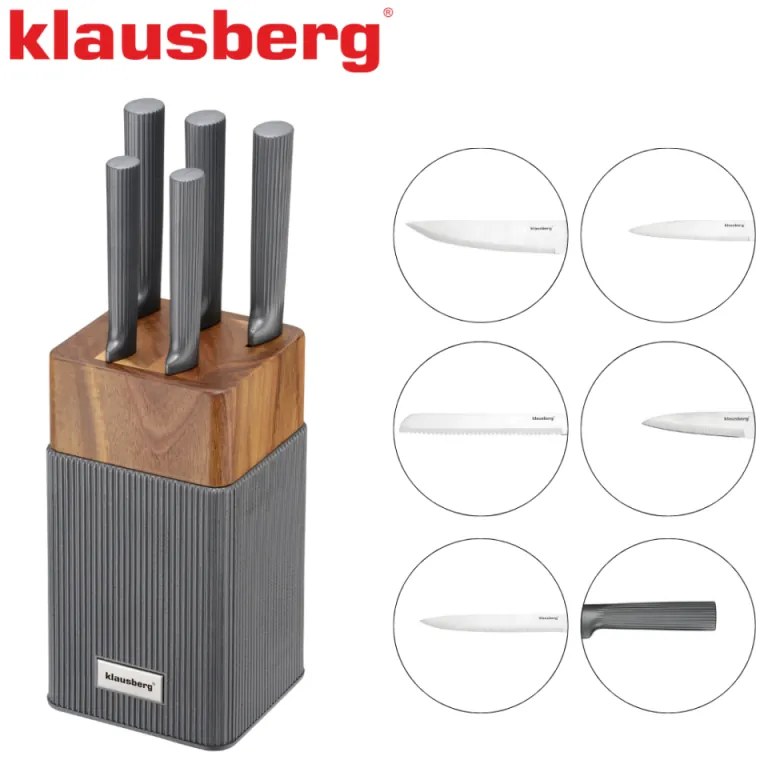 Set cuțite Klausberg KB 7982, 6 piese, Oțel inoxidabil, Mâner lemn de salcâm, Grafit/maro